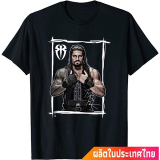 เสื้อยืดผ้าฝ้ายพิมพ์ลายแฟชั่น มวยปล้ำอาชีพ มวย มวยปล้ำลีก อเมริกา WWE Roman Reigns Black White T-Shirt คอกลม แฟชั่น  ผ้า