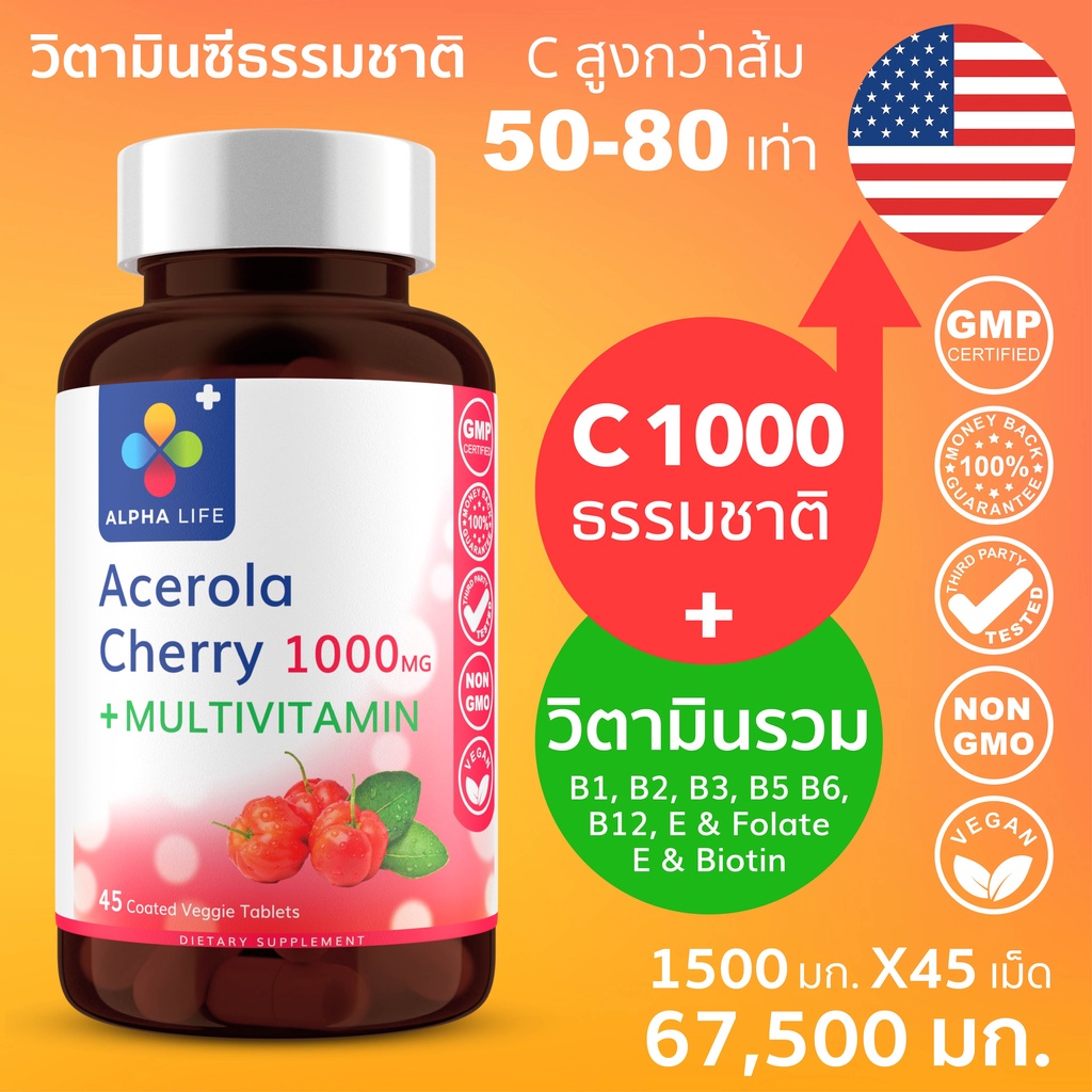 วิตามินซี 1000 mg อะเซโรล่าเชอร์รี่ + วิตามินรวม บำรุง สร้างภูมิคุ้มกัน Acerola Cherry Vitamin C 100