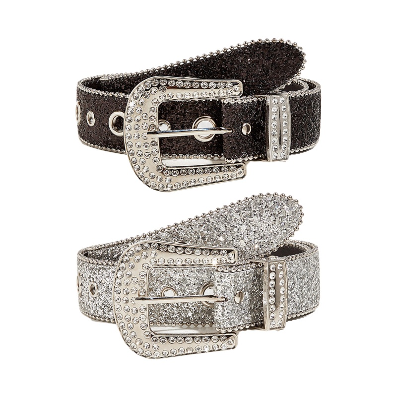 Camp Western Shinning Buckle Belt Full Sequins เข็มขัดหัวเข็มขัดปรับได้สําหรับกางเกงยีนส์กระโปรง