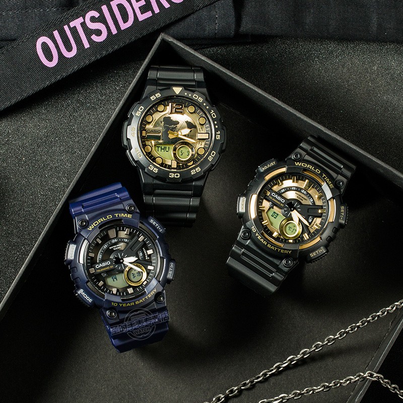 นาฬิกาคาสิโอนาฬิกา CASIO แฟชั่นจอแสดงผลคู่แบบกันน้ำกีฬาควอตซ์นาฬิกาอิเล็กทรอนิกส์สำหรับนักเรียน AEQ-110