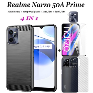 (4in1) Realme Narzo 50A Prime เคสโทรศัพท์ แบบแปรง + กระจกนิรภัย แบบเต็มจอ + ฟิล์มเลนส์ + ฟิล์มด้านหลัง