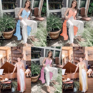 TwinsShopVip💗พร้อมส่ง TW13395 Set 2 ชิ้น เสื้อสายเดี่ยวตัวยาวผ่าหน้า + กางเกงขายาว