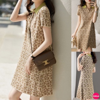 🎀Korean Fashion🎀ชุดเดรสลายดอกกราฟฟิกทรงตรง แขนสั้นคอปกเขียว