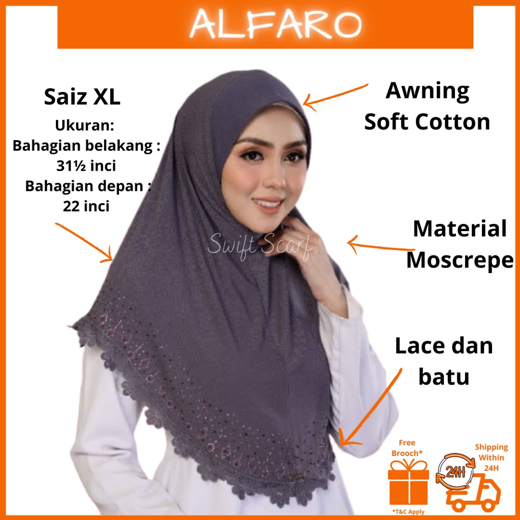 ALFARO TUDUNG SARUNG XL BATU LACE MOSCREPE AWNING ผ้าฝ้ายนุ่ม INSTANT HIJAB