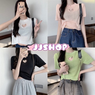 JJ shop 💜พร้อมส่ง เสื้อครอปแขนสั้นไหมพรมคอกลม เว้าหน้าอกเล็กน้อยผ้าบางเบาสบาย "3570"​ -N