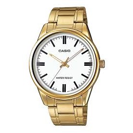 Casio นาฬิกาข้อมือผู้ชาย สีทอง/หน้าขาว สายสแตนเลส รุ่น MTP-V005G-7AUDF, MTP-V005G-7A, MTP-V005G