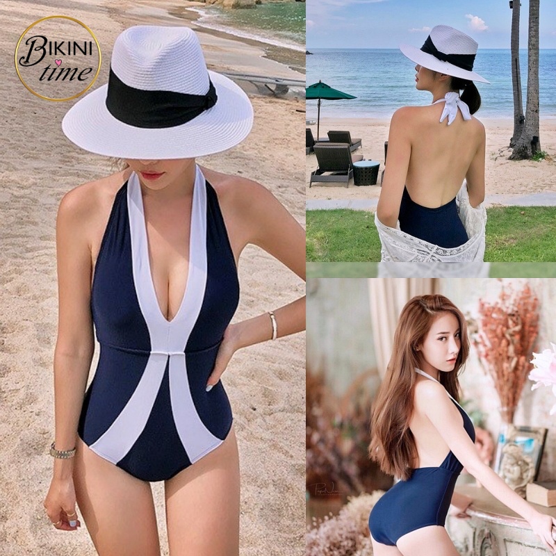 🏖BikiniTime (M-XL) SB49 ❤️ รุ่นขายดี ❤️ วันพีซชุดว่ายน้ำแฟชั่น อกฟรีไซส์ สีกรมท่าแถบขาว โชว์หลังสุดเซ็กซี่ บิกินี่