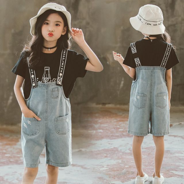 (พร้อมส่งในไทย) ชุดเด็กโต เอี้ยมยีนส์+เสื้อเเขนสั้นสีดำ