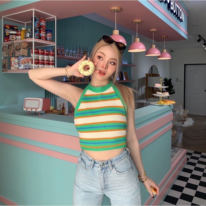 newlooksbkk VLT17 เสื้อกล้าม คล้องคอ ดีเทลผูกหลัง ผ้าไหมพรม ลายริ้ว