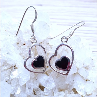 ต่างหูเงิน หัวใจสีดำ Black Spinel  เงินแท้ Sterling Silver 92.5%