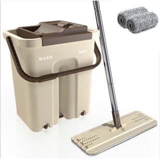 ไม้ถูพื้นถังปั่น (ถังใหญ่ XL) ไม้ถูพื้นรีดน้ำ Flat Mop ถังรีดน้ำ**พร้อม!! ผ้าไฟเบอร์ 2 ผืน** ส่งคละสี ไม้ม๊อบ ไม้ถูบ้าน