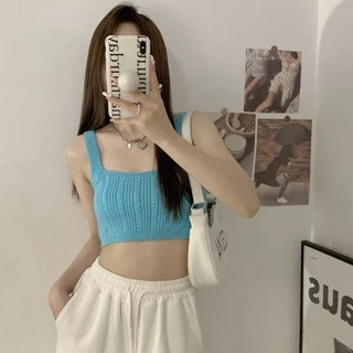 ส่งทันที Cici(NO. 44125) เสื้อครอปTOPไหมพรมสายเดี่ยวทอลาย สีสันสดใสแมทกับกางเกง กระโปรงได้สุด น่ารักเป็นsocuteมากๆ