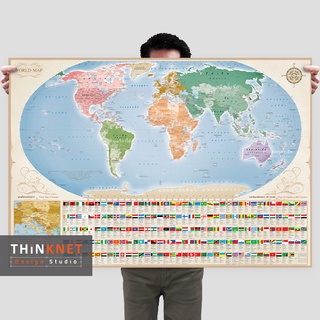 โปสเตอร์แผนที่โลกและธงชาติ ฉบับ 2 ภาษา World Map with Country Flags