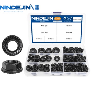 Nindejin ชุดน็อตหน้าแปลน เหล็กคาร์บอน หกเหลี่ยม M3-M12 กันลื่น DIN6923 192 ชิ้น