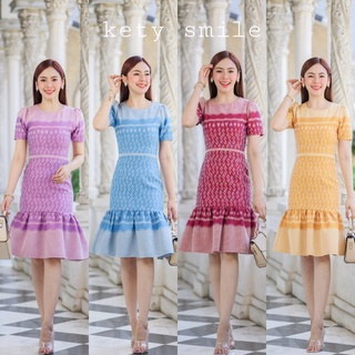 เดรสผ้าทอลายขอพระราชทาน แต่งระบายชาย อัดกาว (S-2XL) KS369
