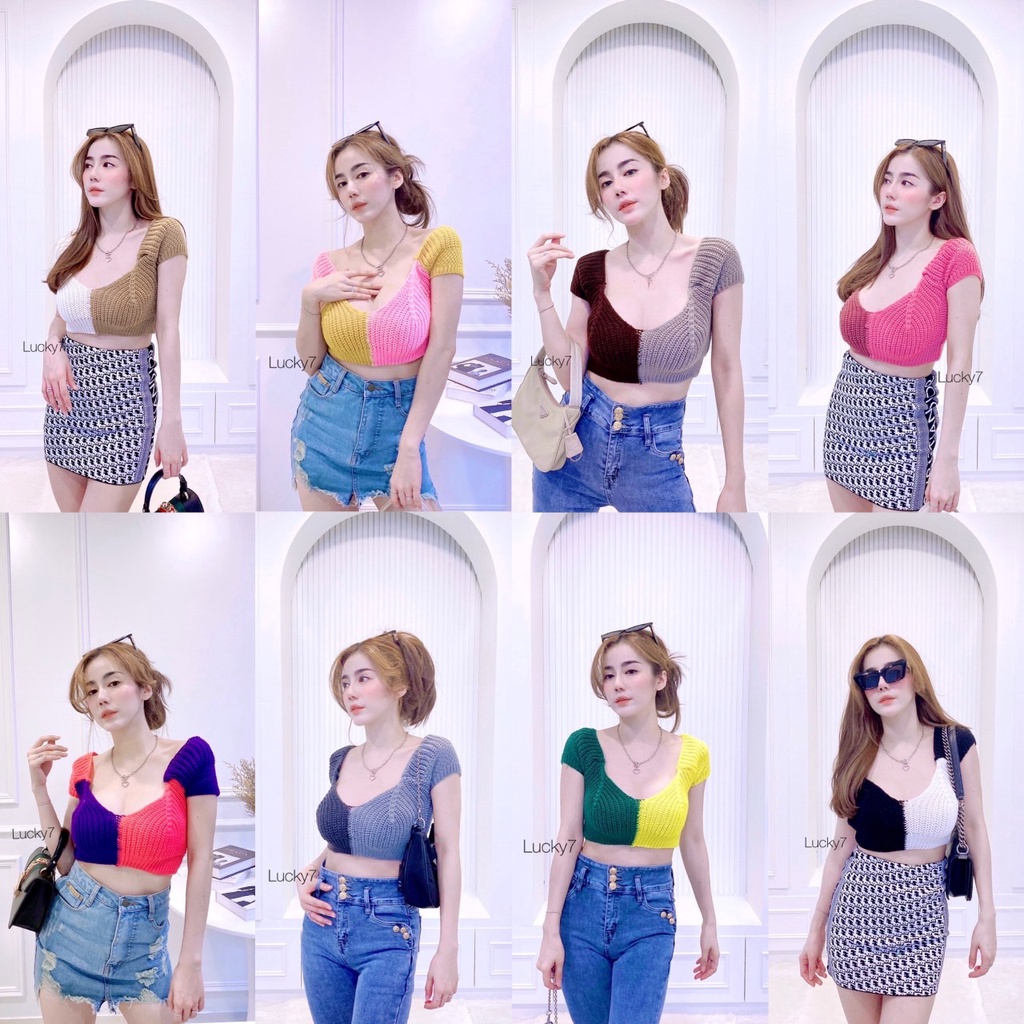 BY IRA ครอปท็อปไหมพรมเส้นใหญ่แต่งทูโทน 2 สี น่ารักไม่ไหว ด้านหน้าทรงคอวี ด้านหลังซีทรูเบาๆ ราคา ถูกที่สุด ดีลบีเคเค รูปภาพหลัก