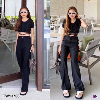 TW13708 Set 2 ชิ้น เสื้อครอปเอวสม็อค ดีเทลเก๋กระดุมหลังมีเชือกผูกเอง แขนจั๊ม มาพร้อมกางเกงขายาว