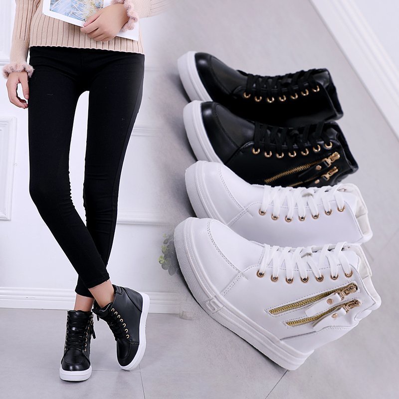 รองเท้าผ้าใบ รองเท้าสเก็ตบอร์ด พื้นยาง ทรงสูง แบบผูกเชือก เพิ่มความสูง สไตล์เกาหลี สําหรับผู้หญิง มีสีดํา สีขาว