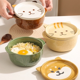 Japanese Vintage Cat Double Ear Ceramic Kitty Animal Noodle Ramen Bowl with Lid Printed Dinnerware