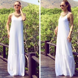 White chiffon long maxi dress all size ชุดเดรสยาวสีขาว ผ้าชีฟอง ใส่สบาย ตัดตามไซด์ลูกค้า