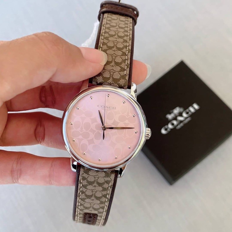 (ผ่อน0%)  นาฬิกา Coach Women’s Grand Papa Mujer Signature Fabric Leather Watch 14503404 สายสีน้ำตาล 