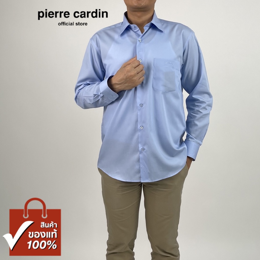 Pierre Cardin เสื้อเชิ้ตแขนยาว Basic Fit รุ่นมีกระเป๋า ผ้า Cotton 100% [RHS2709-LB]