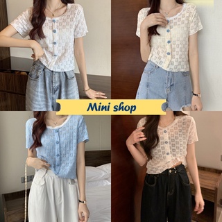 Mini shop🌸พร้อมส่ง🌸(67100) เสื้อแขนสั้นไหมพรม ลวดลายดอกไม้น่ารักผ้าซีทรูเบาบางใส่สบาย