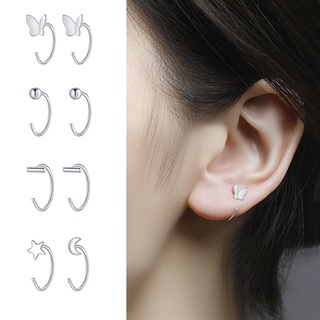 Fashion Silver Simple Women Girl Hoop Earring Bead Butterfly Star Moon Clover Shape Ear Stud Earring Jewelry