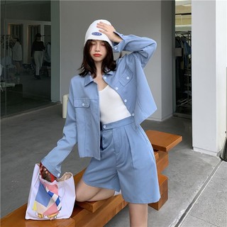acs.fashionshop_เซ็ตเสื้อเชิต+กางเกงขาสั้นสีฟ้า (6240)