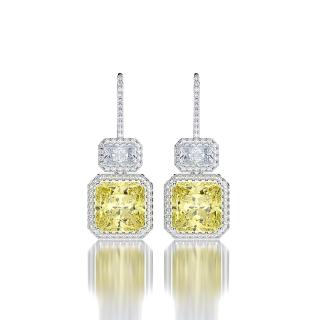 Luxury Elegant Cut Yellow Topaz Diamond CZ 2 Square Hang Pendant Earrings Sterling S925 Ear Hook