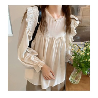 Lila Long Sleeve Blouse เสื้อแขนยาว แขนระบาย เสื้อเกาหลี มินิมอล เสื้อทรงปล่อย โทนสี ขาว ครีม น่ารัก