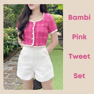 Bambii Pink Tweet Set (DR0017) เสื้อ+กางเกงผ้าทวีตเนื้อหนา มีซับใน