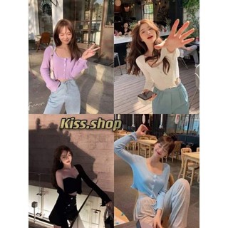 Kiss.shop🌟พร้อมส่ง🌟เสื้อยืดแขนยาวผ่าปลายแขนเก๋ๆใส่แล้วสบายจ้า(6875)