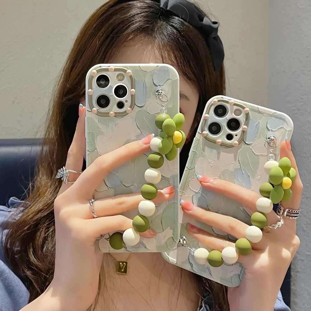 เคสป้องกันโทรศัพท์มือถือ ลายภาพวาดสีน้ํามัน รูปดอกไม้ พร้อมสายคล้องมือ สําหรับ iPhone 13 Pro Max 12Pro 11 XR XS 8Plus