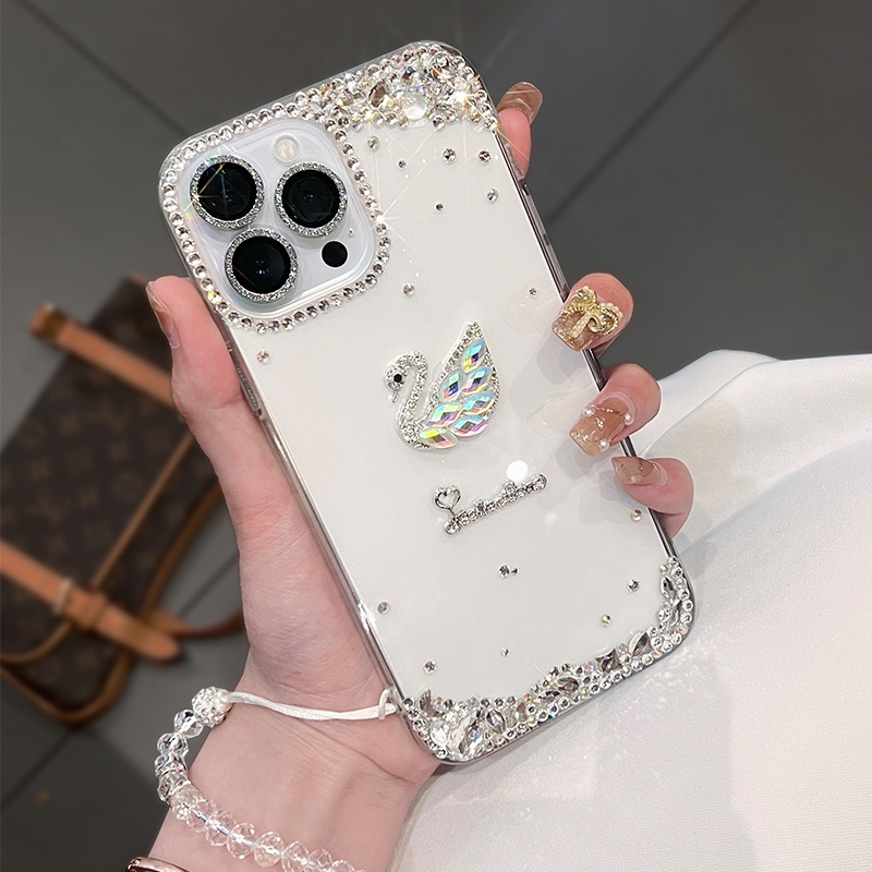 Bling Diamond Swan Glitterเคสโทรศัพท์สําหรับiPhone 17 16 15 13 12 11 14 Pro Max X XR XS 7 8 6s PlusหรูหราRhinestoneโปร่งใสนุ่มTPUปกหลัง