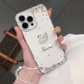 เคสโทรศัพท์มือถือ TPU นิ่ม แบบใส ปิดด้านหลัง ลายหงส์ ประดับเพชร กลิตเตอร์ วิบวับ หรูหรา สําหรับ iPhone 13 12 11 14 Pro Max X XR XS 7 8 6s Plus