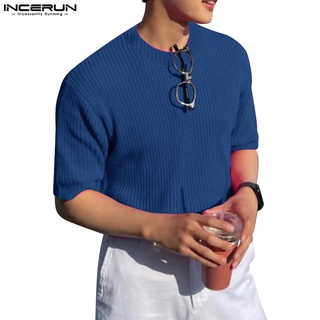 Incerun เสื้อยืดคอกลม แขนสั้น ผ้าถัก สีพื้น แบบสวมหัว สําหรับผู้ชาย