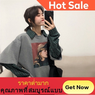 ของมาใหม่insเสื้อกันหนาวปลอมสองชิ้นเย็บลายสก๊อตปกสูงคลุมด้วยผ้าหนาเสื้อกันหนาวคลุมด้วยผ้าฤดูใบไม้ร่วงและฤดูหนาวหญิงเกาหล