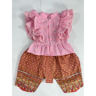 ชุดไทยเด็ก เสื้อปีกหงส์สีชมพูหวาน+โจงกระเบนลายไทย ราคาทั้งชุด