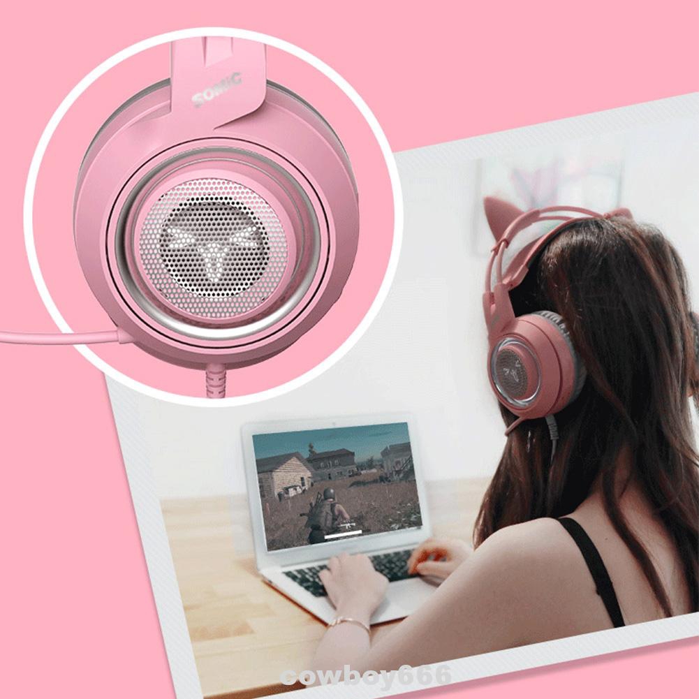 Gaming Headset Adjustable Head Mounted Kids Noise Cancelling Pink Cat