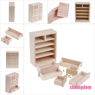 [SHKIb] 1/12 Miniature Wooden Drawer Cabinet Unpainted Miniature Doll House Accessory DOM