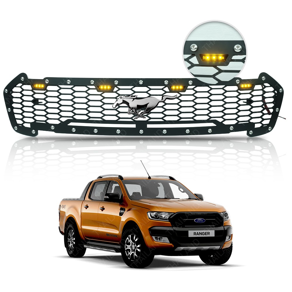 กระจังหน้า v.2 มีไฟ LED เหลือง ม้าโครเมียม สีดำ, โครเมี่ยม 1 ชิ้น สำหรับ ฟอร์ด Ford เรนเจอร์ Ranger ปี 2015 - 2017