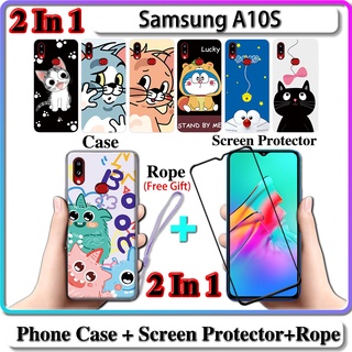 2 IN 1 เคส Samsung A10S พร้อมกระจกนิรภัยโค้ง ป้องกันหน้าจอ เซรามิค แมว และโดราเอมอน