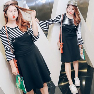 SALE! พร้อมส่งเซต 2 ชิ้น เดรสไซด์ใหญ่สีดำ+เสื้อยืดลายขวาง