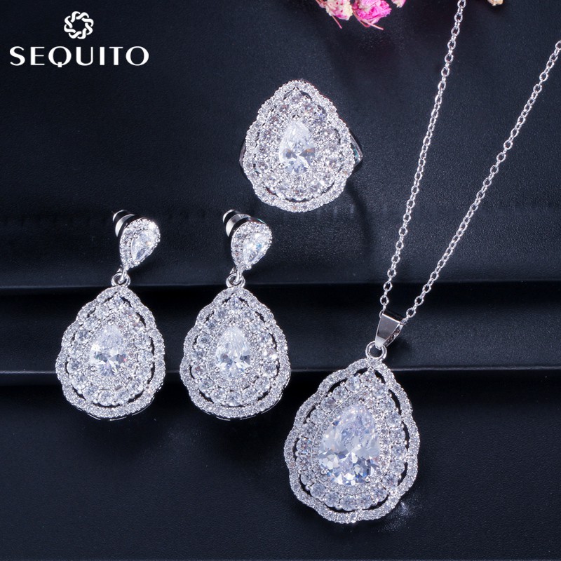 SEQUITO Elegant ผู้หญิง 925 เงินสเตอร์ลิงชุดเครื่องประดับคุณภาพสูง Water Drop Zirconia คริสตัล Big Dangle สร้อยคอต่างหูและแหวน 3 ชิ้น J053