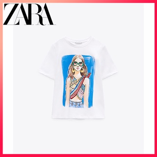 Zara เสื้อยืด คอกลม แขนสั้น พิมพ์ลาย สําหรับผู้หญิง