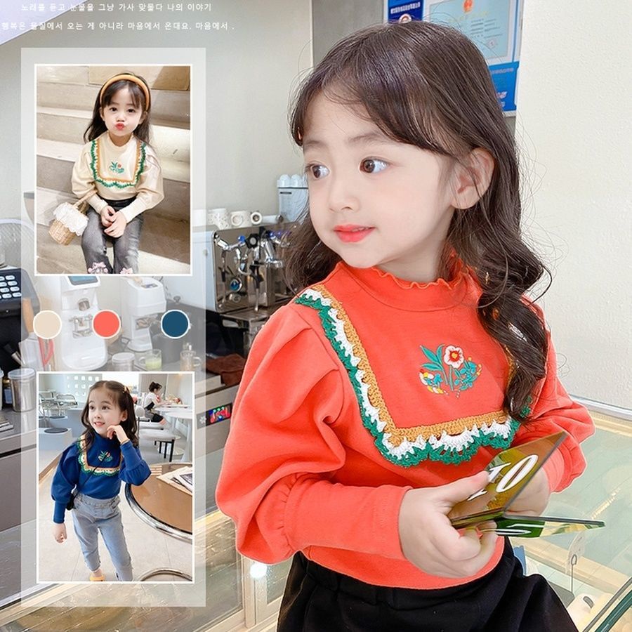เสื้อเชิ้ตแขนยาว คอกึ่งสูง ปักลายลูกไม้น่ารัก เข้ากับทุกการแต่งกาย สําหรับเด็กผู้หญิง