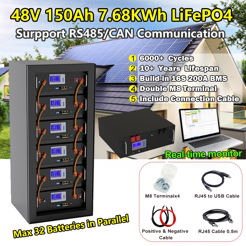 48V LiFePO4 Battery Pack 200Ah 150Ah 100Ah 51.2V Built-in 16S 200A BMS RS485 CAN Communication 10 Ye