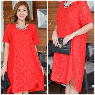 Granddesignplus D&amp;G Floral Lace With Curve Front Dress สีแดง