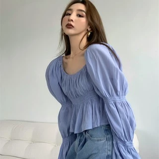 Cicishop(1824/3036)เสื้อคอเหลี่ยม สม็อคช่วงอก แต่งแขนสม็อค เนื้อผ้าใส่สบาย งานสวย